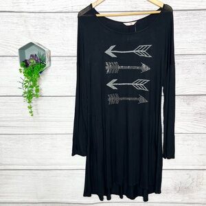 NWT SJS Black Long Sleeve Mini Dress with Silver Glitter Arrow Design Size Large